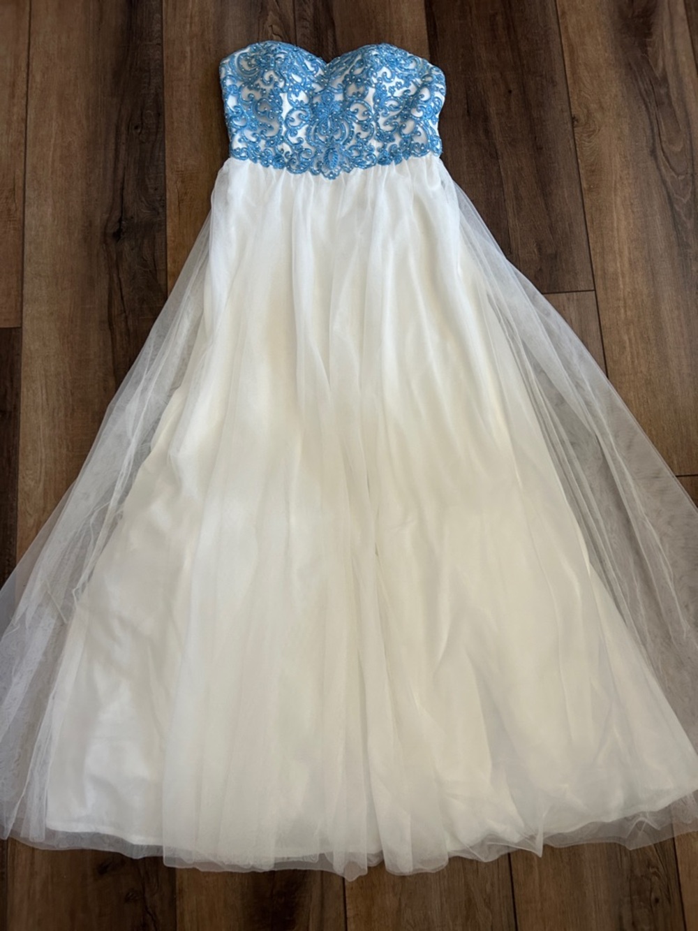 Blondie Nites White Tulle Prom Dress with Blue Embellished Bodice